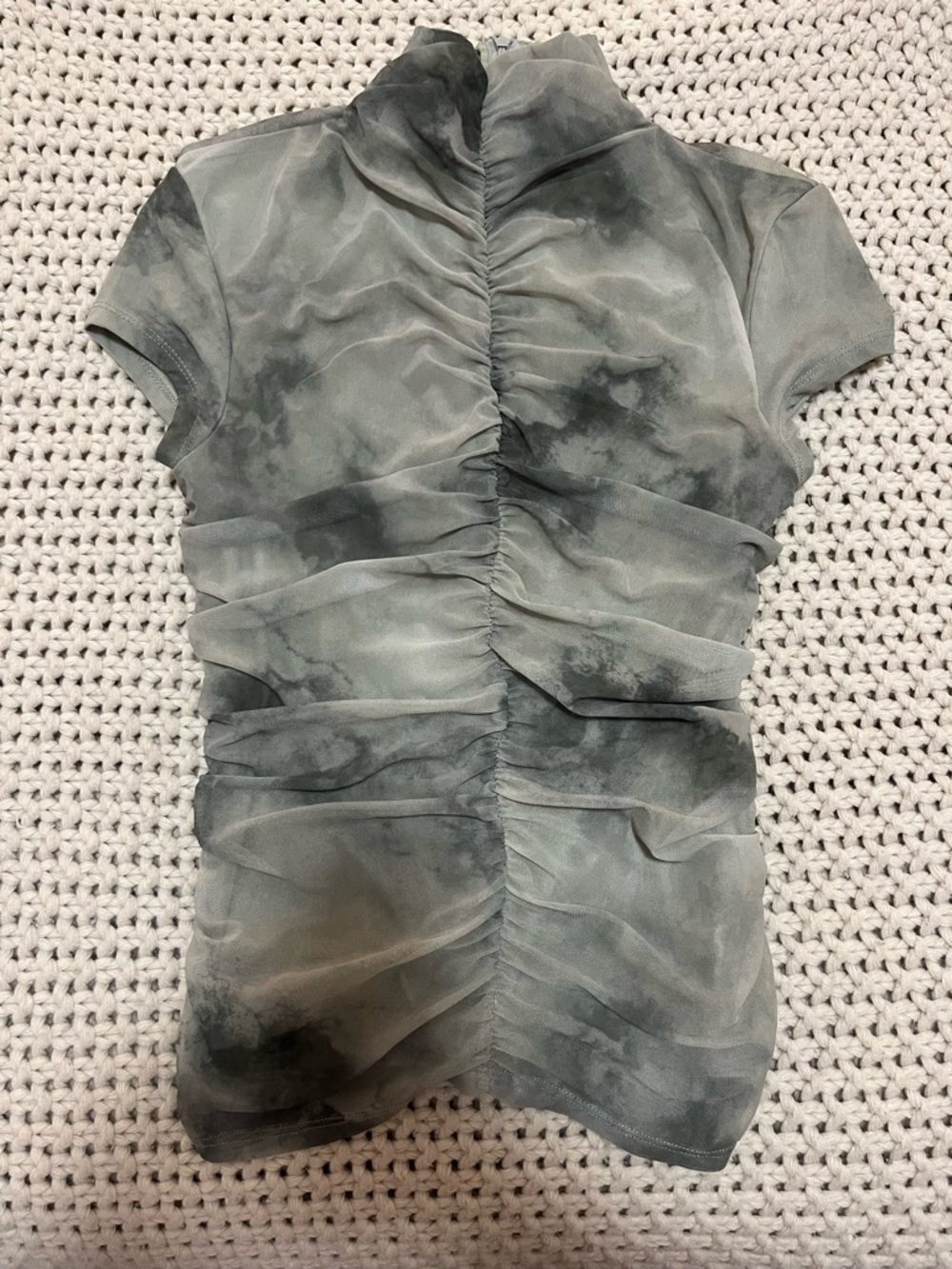 NWOT Zara Gray Tie-Dye Ruched Mesh Short-Sleeve Top